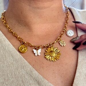 Gold Charm Necklace with Floral Pendant